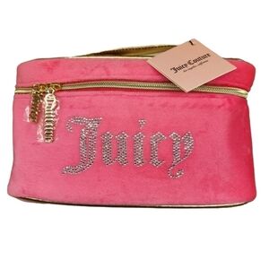Juicy Couture Iconic Rhinestone Velour Travel Cosmetic Bag, Pink and Gold,  NWT